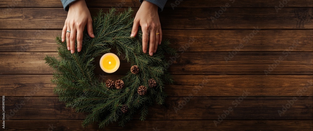 Naklejka premium Hands weaving cedar branches for a festive wreath with pine cones and candle on a wood surface
