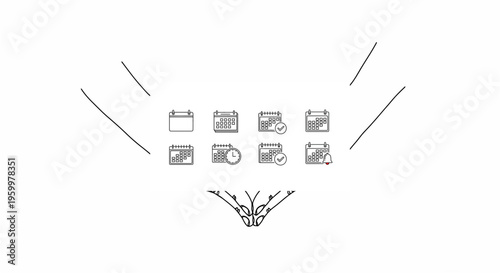 A collection of calendar and clock icons with a plant illustration