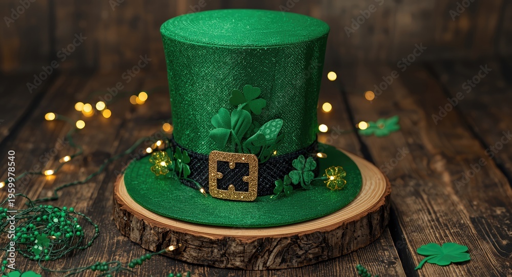 Fototapeta premium Green hat decorated with lucky shamrocks and fairy lights resting on rustic wooden board