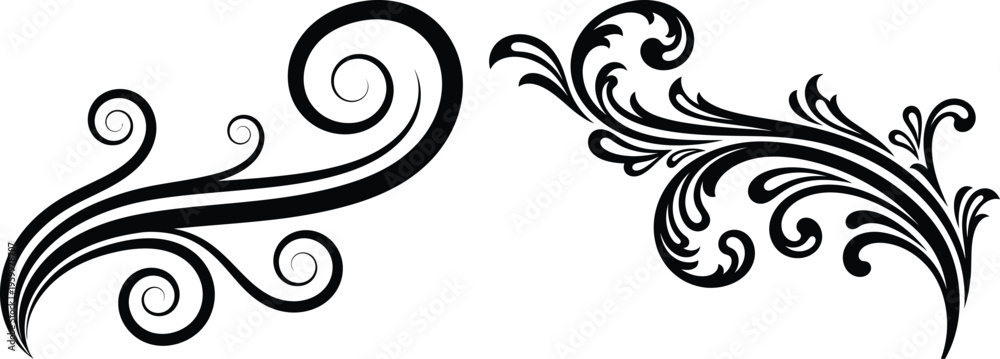 Fototapeta premium Intricate black floral swirl designs on white background