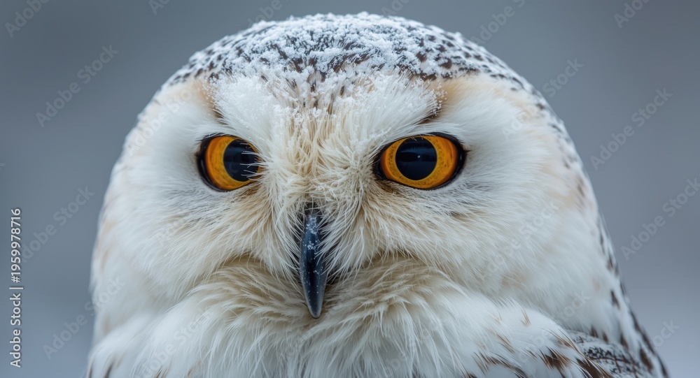 Obraz premium Intimate close up of a snowy owl with focus on its bright eyes