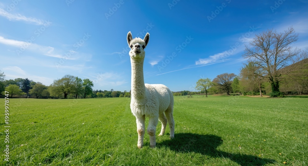 Obraz premium Cheerful alpaca playing on fresh green lawn under sunny summer skies full length view