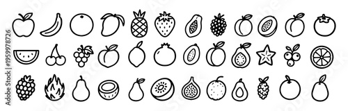 Hand Drawn Fruit Doodle Set Vector, 36 Cute Fruit Icons, Apple, Banana, Orange, Strawberry, Pineapple, Mango, Watermelon, Grapes, Cherry, Peach, Kiwi, Lemon, Blueberry, Pear, Raspberry, Pomegranate