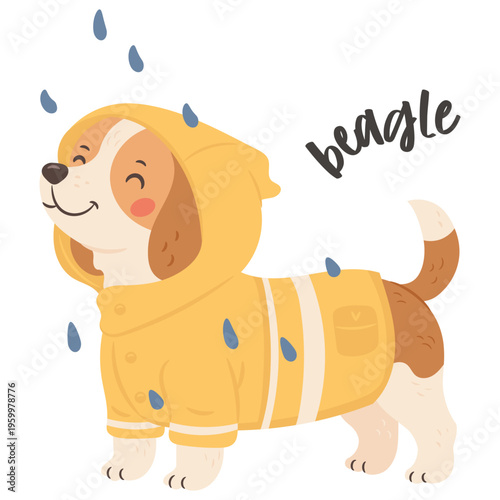 Beagle dog wearing yellow raincoat with hood in cute rainy weather fashion illustration