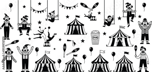 Circus and Clown Icon Set Featuring Tents, Balloons, Juggling, Cotton Candy, and Clown Performers for Funfair and Festival Designs