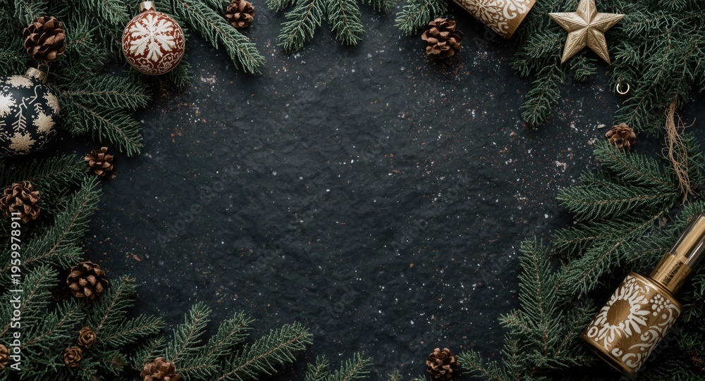 Fototapeta premium Minimalist dark winter backdrop with natural fir branches and a holiday themed elegant festive decoration layout