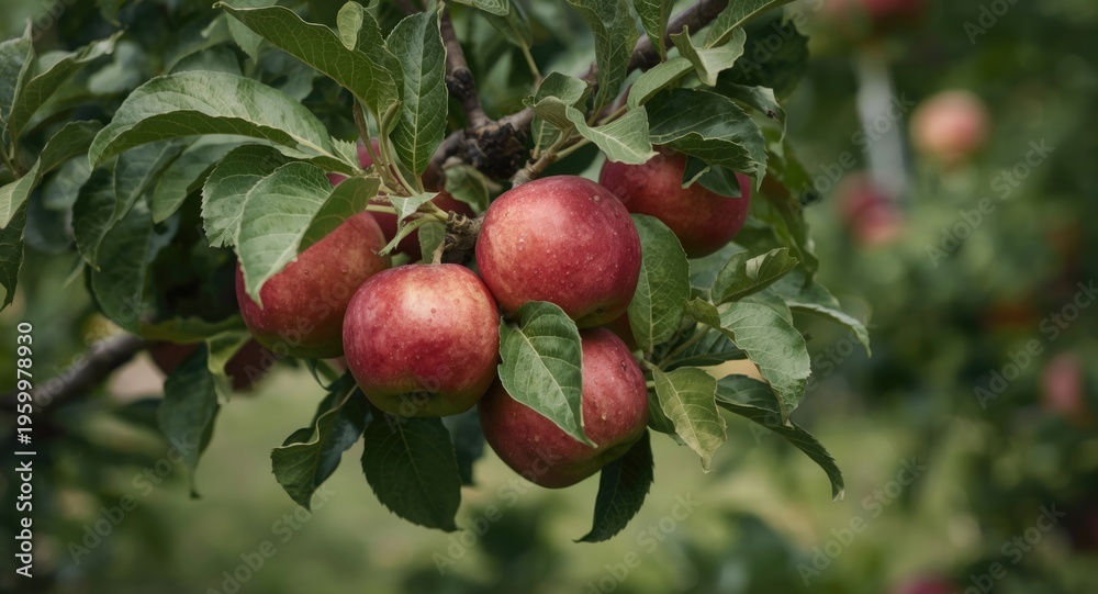 Obraz premium Bountiful red apples on mature apple tree in orchard showcasing fall harvest time