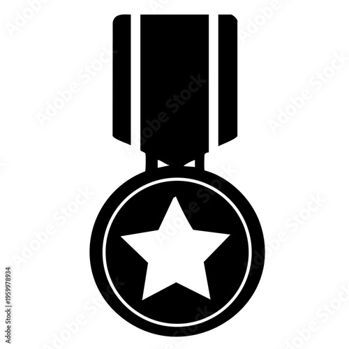 A black and white icon of a medal with a star