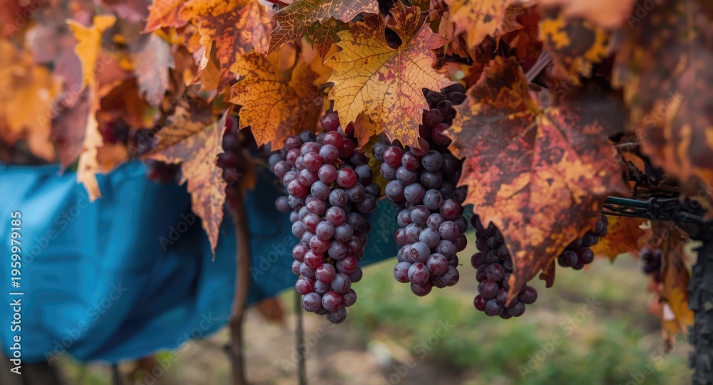 Obraz premium Fall vineyard red grapes ripe for wine production and blue fabric dye artistry