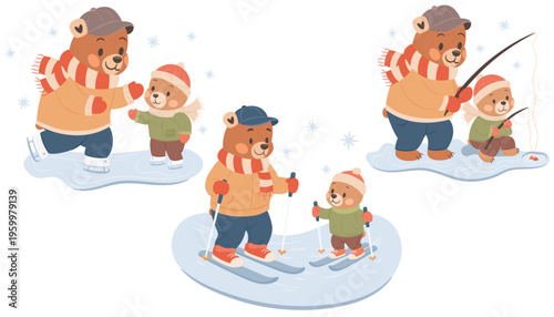 Cute illustrations set for Fathers Day Holiday. Father and son spending time together.