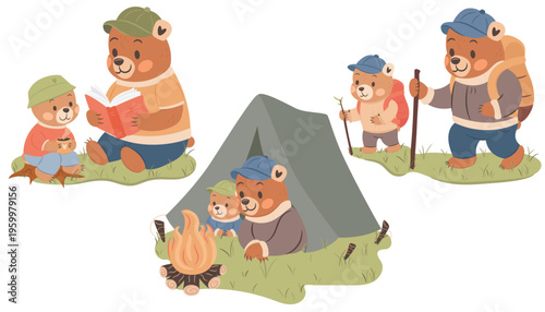 Cute illustrations set for Fathers Day Holiday. Father and son spending time together.
