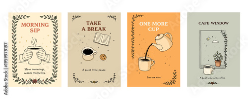 コーヒータイムの手描きカードセット 温かい朝とくつろぎの時間、Hand Drawn Coffee Time Card Set Warm Morning and Relaxing Moments