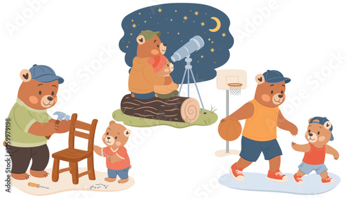 Cute illustrations set for Fathers Day Holiday. Father and son spending time together.