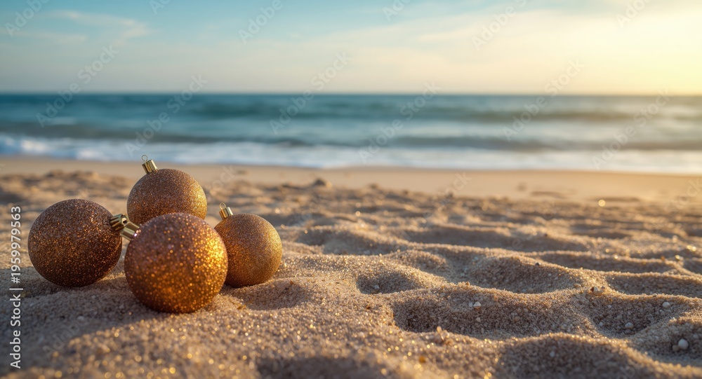 Obraz premium Seasonal glittery baubles on sandy beach with ocean view for Christmas card