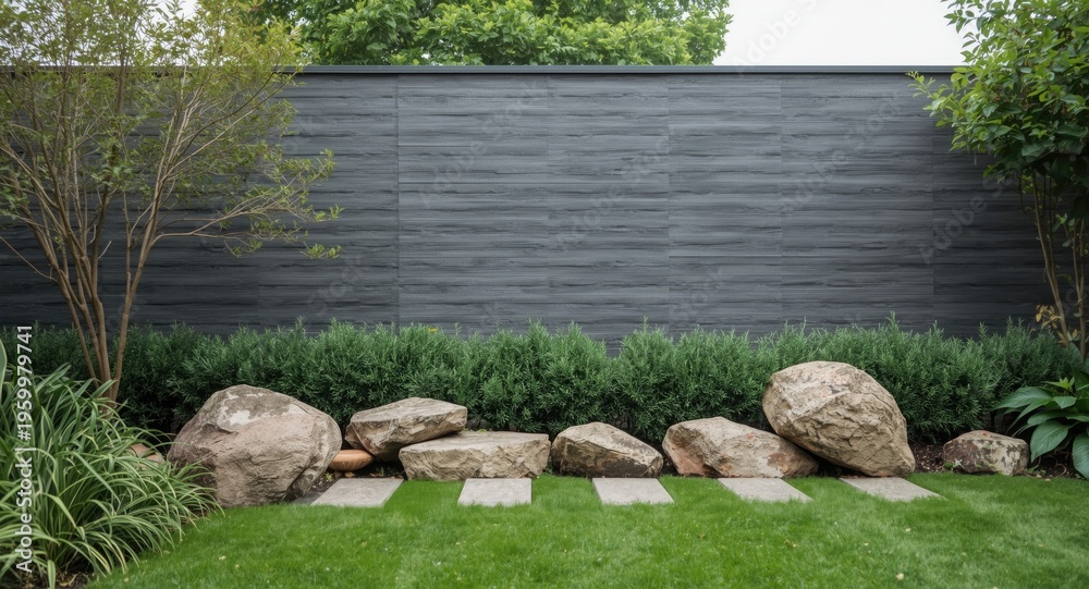 Naklejka premium Relaxing garden environment with textured grey wall, dense plants, and decorative rocks in contemporary outdoor design