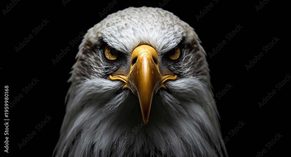 Obraz premium Menacing bald eagle portrait close-up with dark background and clear space for writing