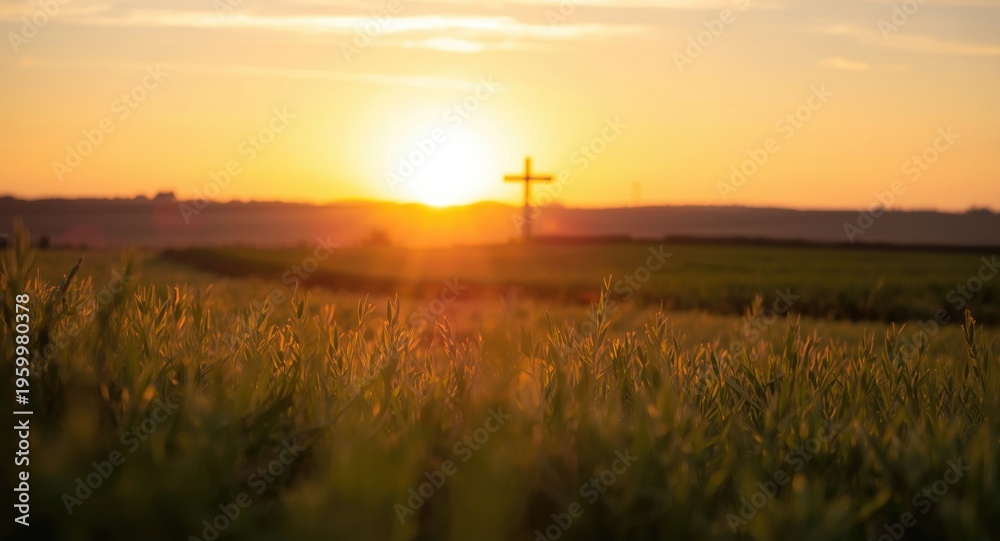 Obraz premium Peaceful rural meadow at sunset with bokeh reflections and a solitary cross