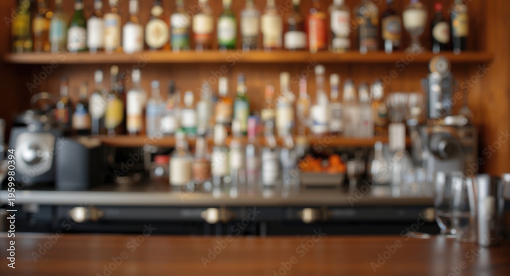 Obraz premium Blurred bar counter scene with wooden panel backdrop and beverage assortment