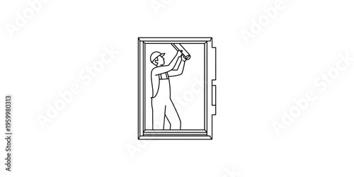 Line art illustration of a professional worker installing a window frame in a building.