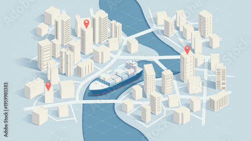 Isometric city map with cargo ship on river and red location pins. Vector illustration.