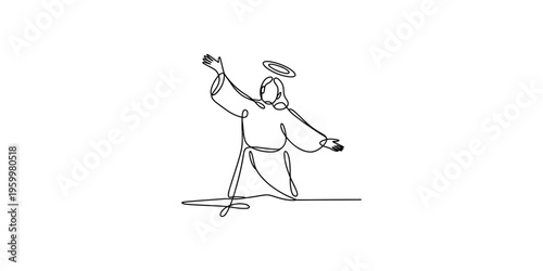 Minimalist continuous line drawing of jesus christ with arms outstretched and a halo