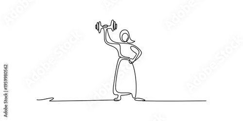 Continuous line drawing of a muslim woman in hijab lifting a dumbbell for fitness