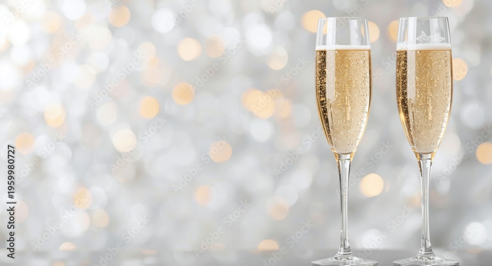 Obraz premium Holiday celebration scene with white and champagne sparkling glitter and a blurred background