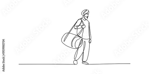 Continuous line drawing of a man with a turban carrying a large duffel bag on his shoulder