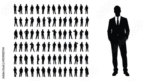 A man in a suit standing next to many other silhouettes of people
