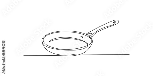 Continuous one line drawing of a frying pan kitchen tool for cooking food on a stove top