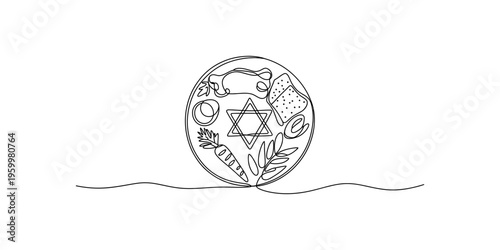 One line drawing of a jewish passover seder plate featuring matzah and symbolic foods for the holiday