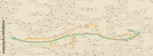 Suburban neighborhood map with colored navigation routes and waypoints. Vector illustration.