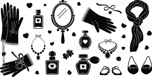 Elegant Fashion Accessories Icon Set Featuring Perfumes, Gloves, Necklaces, Scarves, and Mirrors for Luxury and Style Designs