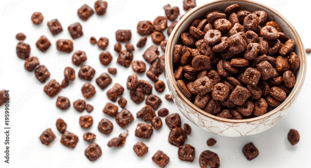 Obraz premium Chocolate cereal pads served in a simple bowl on white background