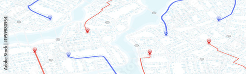 Urban map with blue and red routes across waterways. Vector illustration.