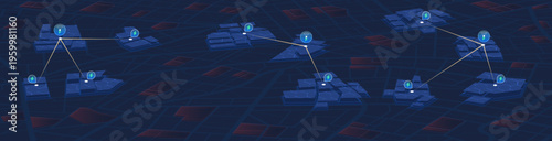 Dark city map displaying connected electric zones and charging stations. Vector illustration.