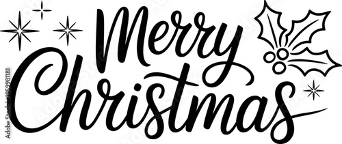 Elegant cursive merry christmas holiday greeting with decorative stars and holly leaves