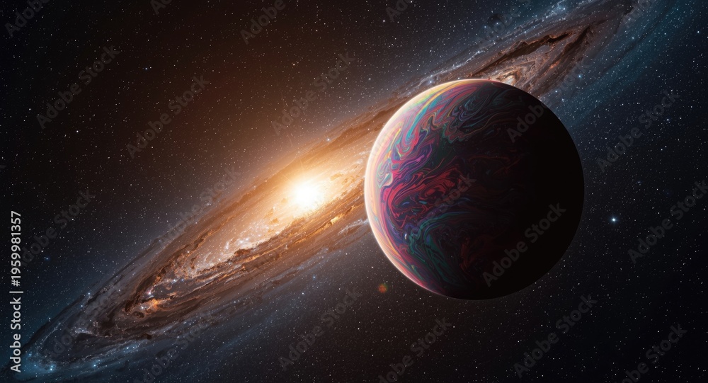 Naklejka premium High resolution sci fi visualization of a colorful planet alongside a luminous star