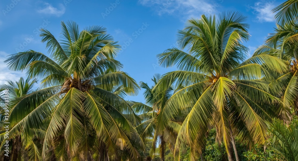Fototapeta premium Lush palm oil trees growing with vibrant green leaves and open blue sky