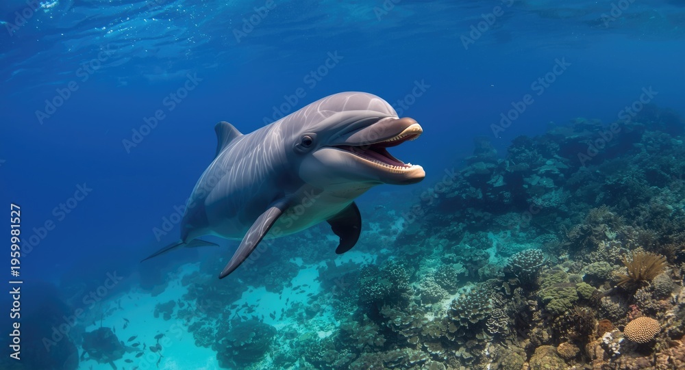 Naklejka premium Exuberant bottlenose dolphin swimming alongside coral reefs