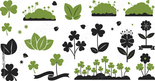 Greenery and Clover Icon Set Featuring Shamrocks, Flowers, and Leaves for St. Patrick's Day and Nature Designs
