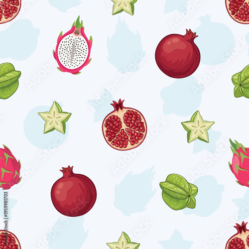 Seamless pattern with tropical fruits pomegranate dragon fruit and starfruit