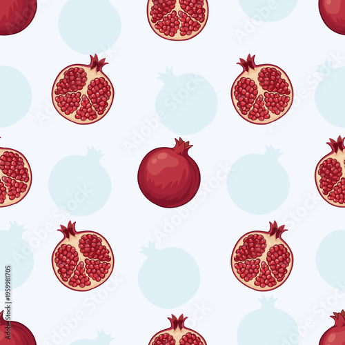Seamless pattern with red pomegranates and halves on light blue background