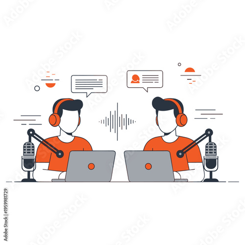 Two men podcasting together in studio with microphones and laptops, talking and sharing ideas