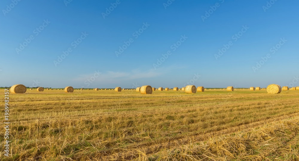 Fototapeta premium Open field with neatly stacked straw bales and a vast blue sky with copy space