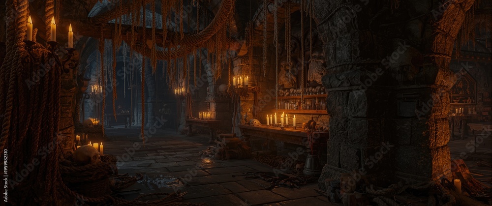 Fototapeta premium Medieval dungeon with dripping ropes skull decorations candles and water reflections