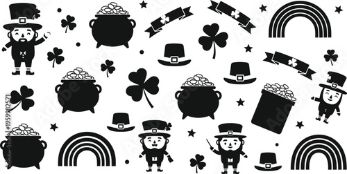 St. Patrick’s Day Icon Set Featuring Leprechauns, Pots of Gold, Shamrocks, and Rainbows for Holiday and Celebration Designs