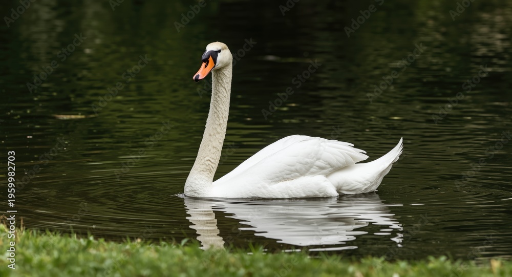 Fototapeta premium Joyful swan pet floating gently on clear lake water surrounded by green lawn