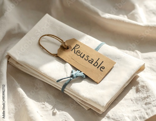 Reusable Cloth Tissue with Handmade Eco Tag “Reusable” on Beige Cotton Background