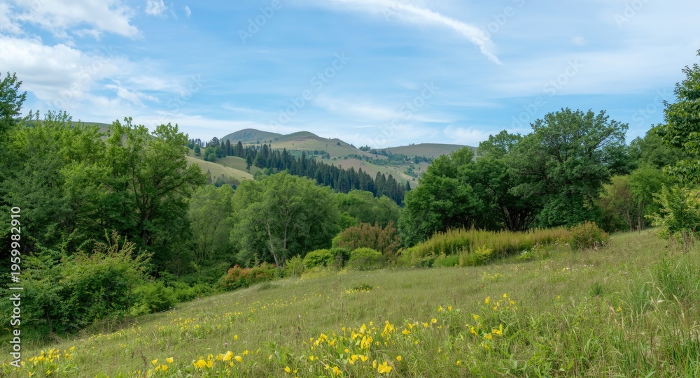 Naklejka premium Serene landscape with lush green trees and vibrant flora in a tranquil natural setting